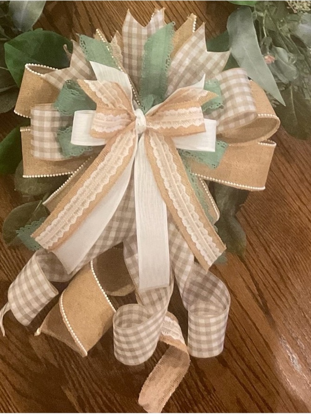 Handcrafted Neutral & Green Holiday Wreath Bow
